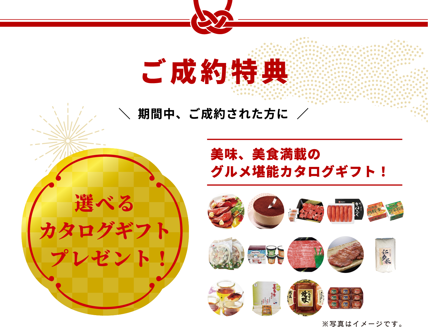 ご成約特典: 美味、美食満載の選べるカタログギフト、プレゼント！